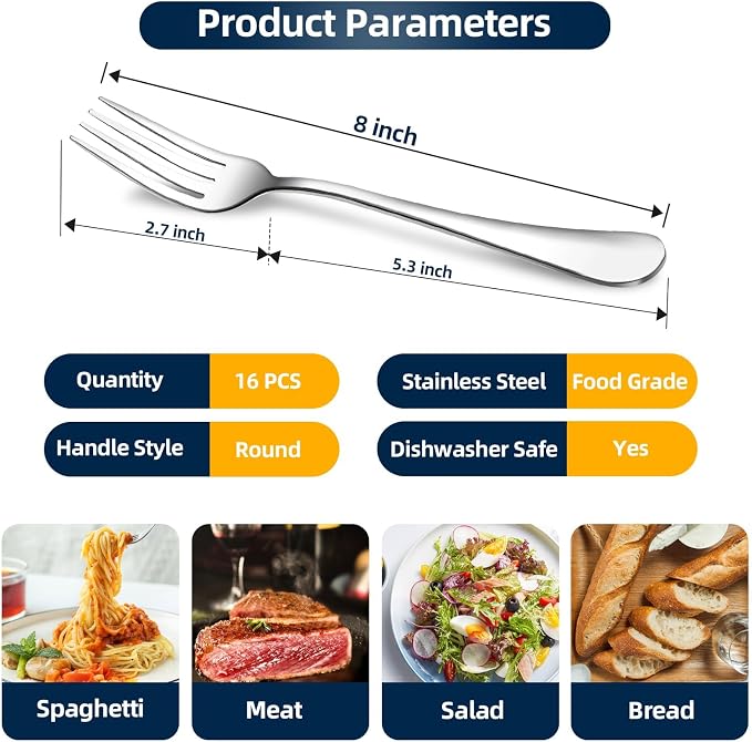 16 Piece Dinner Forks, 8 Inch, Top Food Grade Extra-Fine Stainless Steel Silverware Forks，Silverware Set, Dishwasher Safe （Silver)