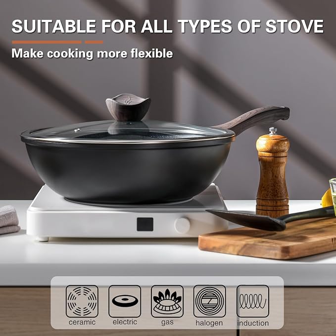 Kordisen Nonstick Wok with Lid, 12 Inch Woks & Stir-fry Pans, Granite Stone Coating for Cooking, Induction Cookware, Compatible with All Stovetops, PFOA Free
