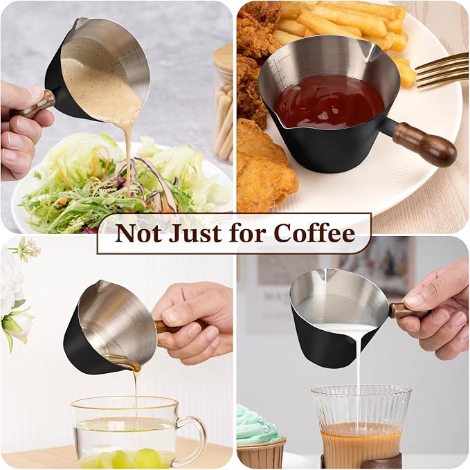 Amrules 6.8oz Espresso Measuring Cup with Wood Handle & Double Spout, Black | 18/8 Stainless Steel & Wood Handle, V-Shaped Spout for Precision Pouring, Clear Scale Markings, for Coffee, Milk, Tea & Syrup