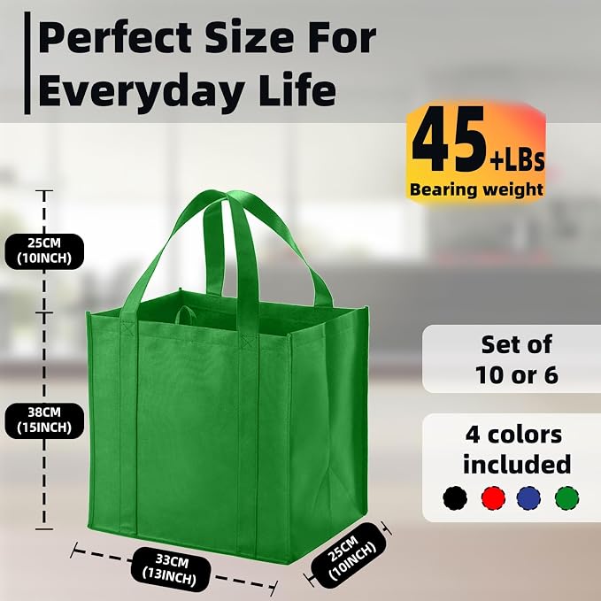 6 pack Reusable Grocery Bags,Thick Bottom-Shopping Bag for Groceries | Heavy Duty Large Shopping Totes,Reusable Bags With Handles ,Foldable,Washable ,Load Capacity Over 45 Pounds