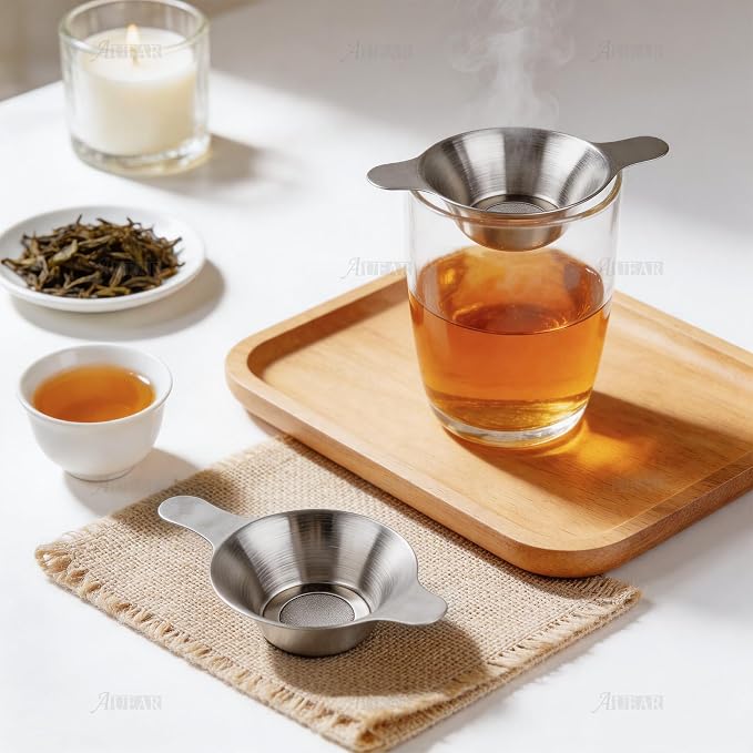AUEAR, 2 Pack Different Size Stainless Steel Mini Strainer Fine Mesh Tea Funnel Coffee Filter with Double Handles
