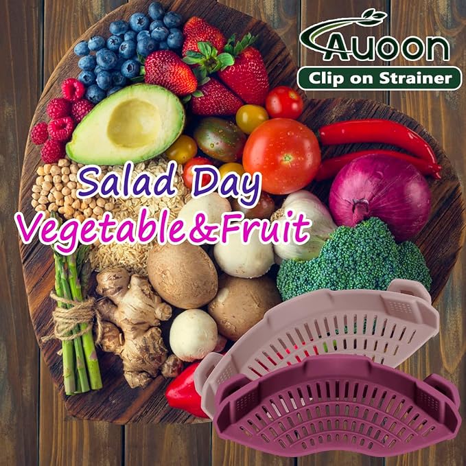 AUOON Clip On Strainer Silicone for Pots, Standard 8.86 x 3.55in, Cherry | Food-grade BPA-free, Fits Pots Pans Bowls, Dishwasher Safe, for Pasta Noodles Vegetable Fruits, Space-saving Kitchen Gadget