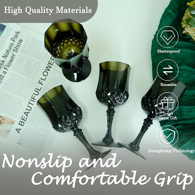 12Pack Plastic Wine Glasses, 7oz Vintage Goblets for Wedding | Unbreakable Crystal Style Reusable Stemware, Elegant Black Drinking Glass for Party Anniversary & Holiday Celebration