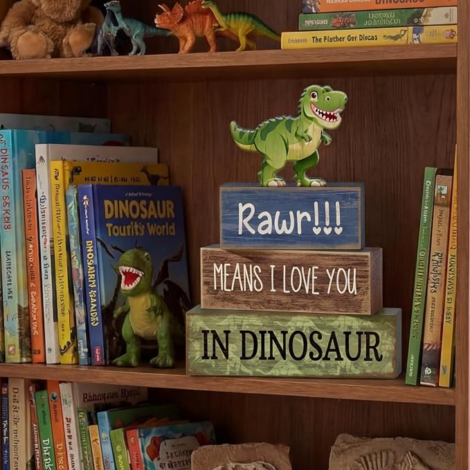 Lineshading 4 Pcs Dinosaur Table Decorations Wooden Dino Safari Party Decor | Rustic Tabletop Decorations for Home, Dinosaur Themed Signs, Tiered Tray Filler, Back to School Decor, Beach Style Accents