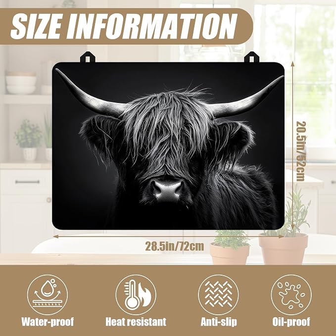 Black Highland Cow Stove Top Covers for Electric Stove, Electric Gas Stove Pad Heat Resistant Range Cooktop Protector for Home Decor Kitchen 28"x20"