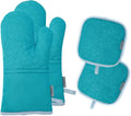 4Pcs Oven Mitts and Pot Holders Set, 572F Heat Resistant Oven Glove, Soft Cotton Lining with Non-Slip Surface for Kitchen Baking BBQ (Turquoise)