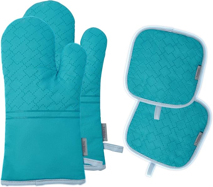 4Pcs Oven Mitts and Pot Holders Set, 572F Heat Resistant Oven Glove, Soft Cotton Lining with Non-Slip Surface for Kitchen Baking BBQ (Turquoise)