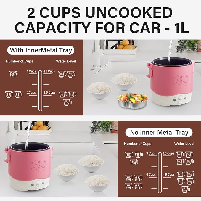 OSBA 12V Rice Cooker for Car 1L Mini Rice Cooker with Steamer, Pink | 2Cup Portable Travel Rice Cooker for 1-2 People, Cooking Heating & Auto Keeping Warm Function, Used as an Electric Lunch Box