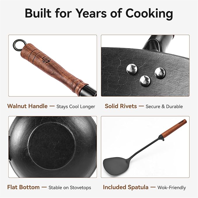 WANGYUANJI Cast Iron Wok Pan with Lid, 14.2 Inch Large Flat Bottom Uncoated Stir Fry Skillet, Heavy Duty Chinese Iron Pot for 4-6 People, Detachable Walnut Handle, Induction & Gas Safe