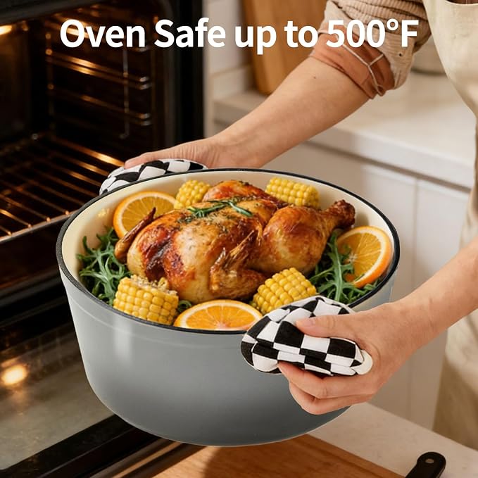 Enameled Cast Iron Dutch Oven pot 6.5 QT with Lid for Bread Baking | Cookware incl. Sourdough Bread-Baking Supplies like Banneton, Dough Whisk, Gloves, Oven Safe for Stews, Roasting Gray