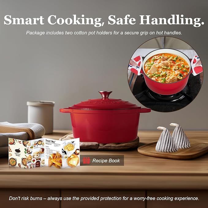 Overmont 5.5QT Enameled Cast Iron Dutch Oven with Lid Cookbook Heavy-Duty Casserole with Dual handles for Braising, Stews, Roasting, Sourdough Baking