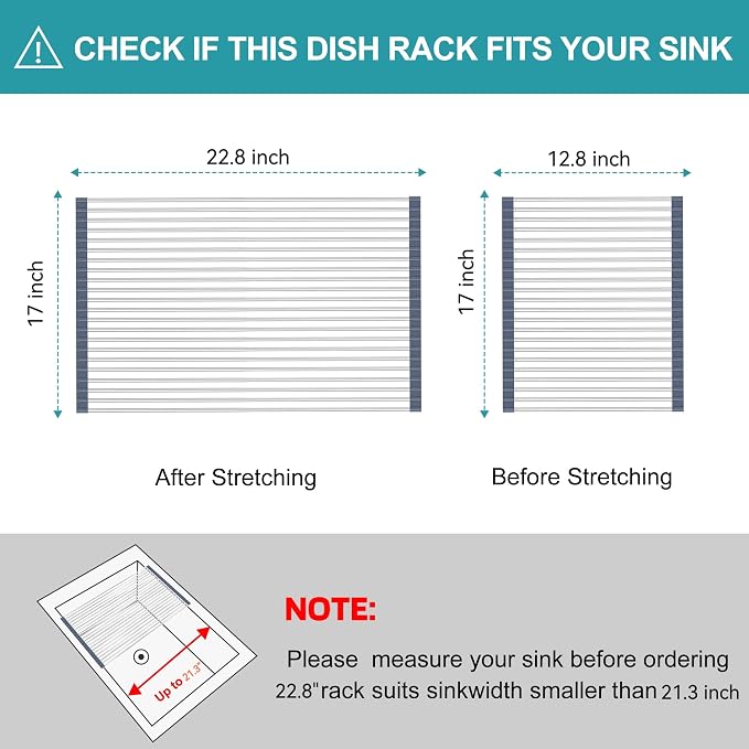 BBXTYLY Extra Large Expandable Roll Up Dish Drying Rack,Over The Sink Drying Rack Sink Cover Kitchen Sink Accessories Kitchen Rolling up Stainless Steel Drainer, Foldable,Rollable（Gray，22.8'-17.3''）