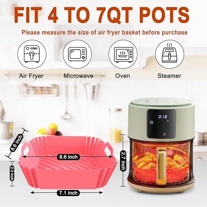 Air Fryer Silicone Liners Square 2 Pack 7.1 Inch Airfryer Liners 4-7 QT Reusable Air Fryer Liners Silicone Pot Oven Liner Baking Tray, Air Fryer Basket Silicone Mat Bowl Air Fryer Accessories Kitchen