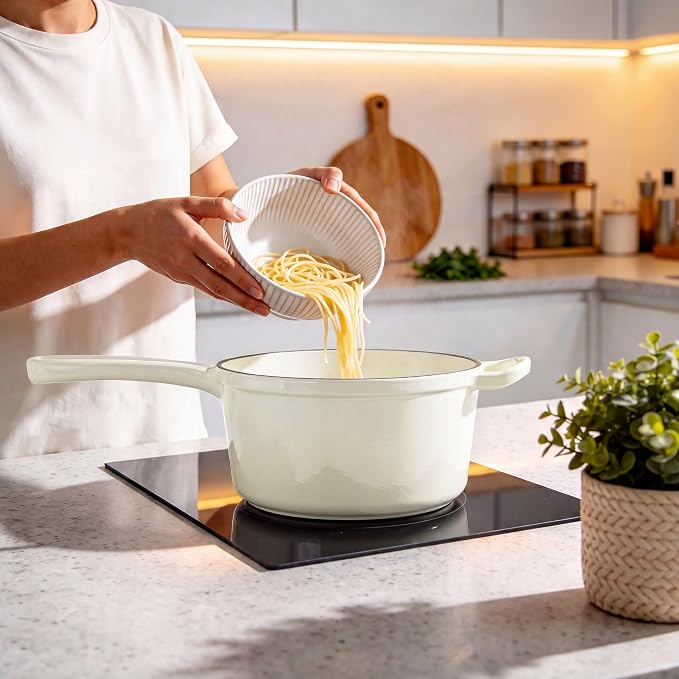 Leonyo 1Qt Enamel Cast Iron Sauce Pan, Induction Cooking Pots, Cream White | For All Kitchen Cooktops Cooking Baking Bread, Soup, Ramen, Up to 500°F & 4.4Lbs