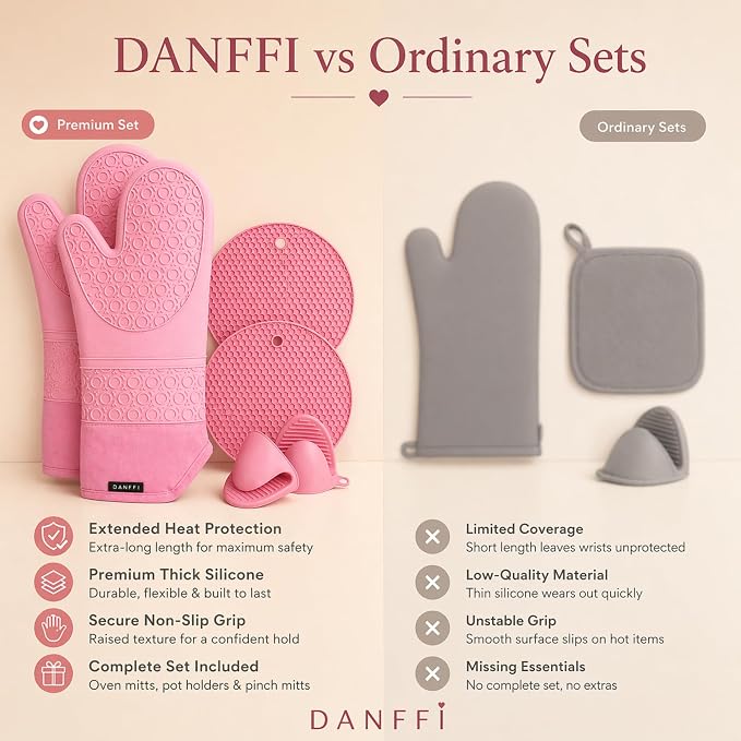Silicone Oven Mitts and Pot Holders 6 Piece Set, Heat Resistant 500°F Extra Long Oven Gloves with Cotton Lining, Non-Slip BPA-Free Hot Pads and Pinch Mitts for Baking BBQ Cooking (Pink)