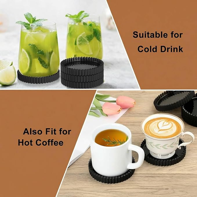 Glass Drink Coaster Set of 5- Coasters for Desk Coffee Table Black Coasters | Modern Round Cup Mats, Glass Coasters Coffee Table Decor for Kitchen, Bar, Dining Room, Living Room, Office