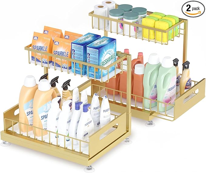 2-Pack L-Shaped Under Sink Organizer, 2-Tier Pull-out Cabinet Rack | Gold Height-Adjustable Steel Rack, Sliding Grid Drawers with PP Liners, Holds 100 Lbs, Suction Base, Ideal Kitchen Storage