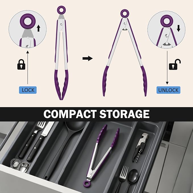 Tongs for Cooking, 600ºF High Heat-Resistant Stainless Steel Kitchen Tongs with Silicone Tips, Non Scratch, Locking Tong for BBQ Grilling Air Fryer Food Salads, Set of 2 (9" and 12") Purple