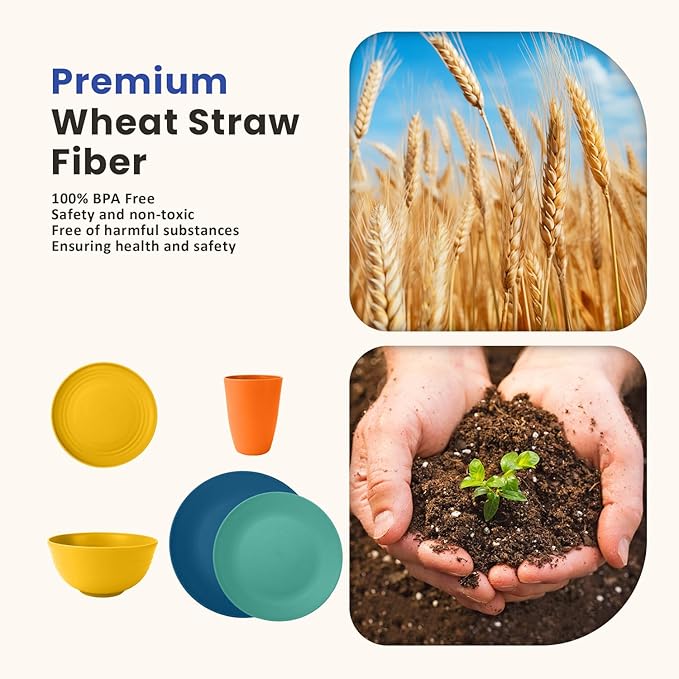 40-Piece Premium Wheat Straw Dinnerware Sets, Service for 8, Unbreakable Plates and Bowls Set - Cups Sets, Dinner Plates, Bowls for Kitchen,Dishwasher and Microwave Safe Dishes Set - Multi