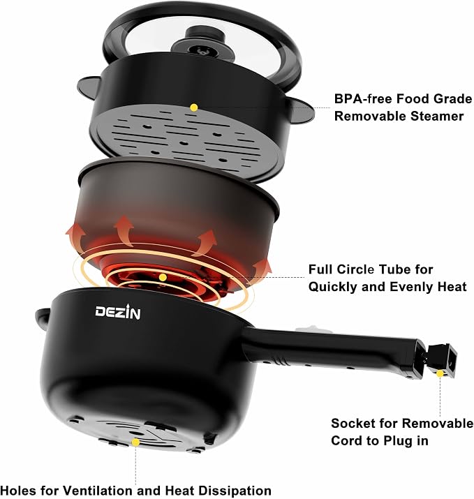 Dezin 2L Hot Pot Electric, Non-Stick Electric Pan, 700W Adjustable Power | Electric Pot for Cooking/Steak/Egg/Fried Rice/Ramen/Soup, Portable Pot for Dorm/RV/Family/Travel/Camping, Include Spatula