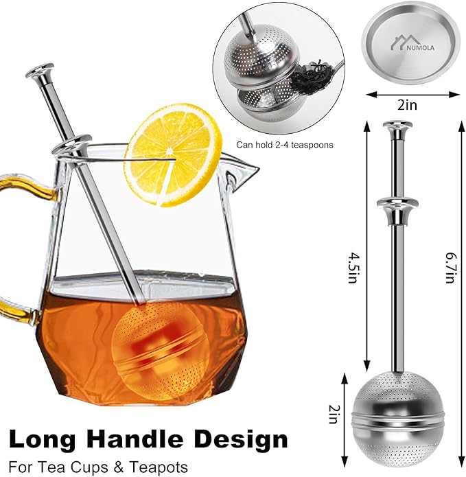 Long Handle Tea Ball, Tea Infuser for Loose Leaf Tea, 2Pcs | Fine Mesh Holes, Stainless Steel Ball, No Tea Residue, For Cup and Teapot, Tea Lover Gift, Free Clean Brush