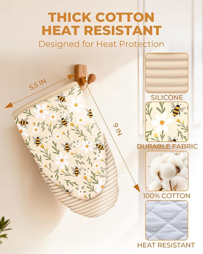 100% Thick Cotton Oven Mitts Ribbed Soft Silicone Bee Flower | Aesthetic Oven Mitts for Women, Machine Washable Non-Slip Kitchen Mitts, Reversible for Both Hands, Stylish Kitchen Decor