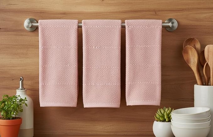 Light Pink Kitchen Hand Dish Towels, Set of 3, 100% Cotton, 18" x 28" | Terry Loop Textured, Soft & Absorbent Cleaning Cloth, Quick Dry, Multipurpose for Everyday Use