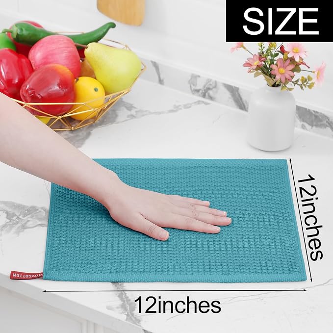 Homaxy 100% Cotton Waffle Weave Kitchen Dish Cloths 12-Pack, Lake Blue | 12 x 12 Inches, Ultra Soft Absorbent Dish Towels, Quick Drying Dish Rags with Hanging Loop
