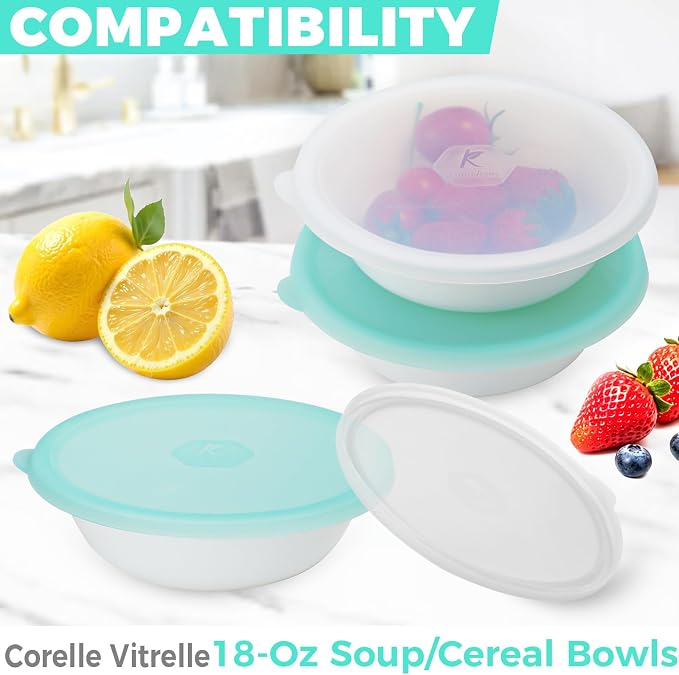Silicone Lids for Corelle Vitrelle, 4 Pack Corelle Bowl Lids for 18-Oz Soup/Cereal Bowls, Freezer Microwave Dishwasher Safe