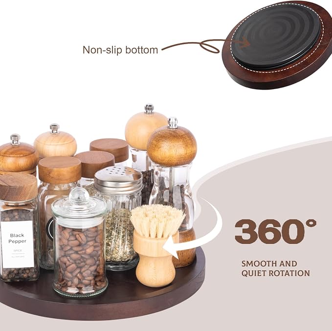 Wood Lazy Susan Organizer Kitchen Turntable for Cabinet Farmhouse Bathroom Decor Round Decorative Tray for Vanity, Counter, Sink, Coffee Table, 10 Inch, Walnut | waterpoof, East clean, Non-slip, Pantry Table Decorative Tray for condiment, spice