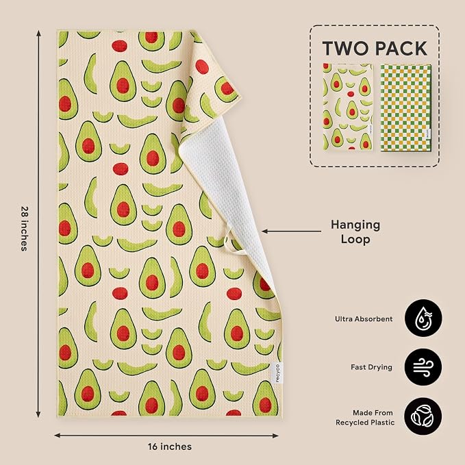 RECYCO Waffle Kitchen Towel Set of 2 - Quick Dry Microfiber Sustainable Dish Towels - Ultra Absorbent Reusable Cleaning Tea Towels - Lightweight Hand Towels,16”x 28”, Avocado Vibes