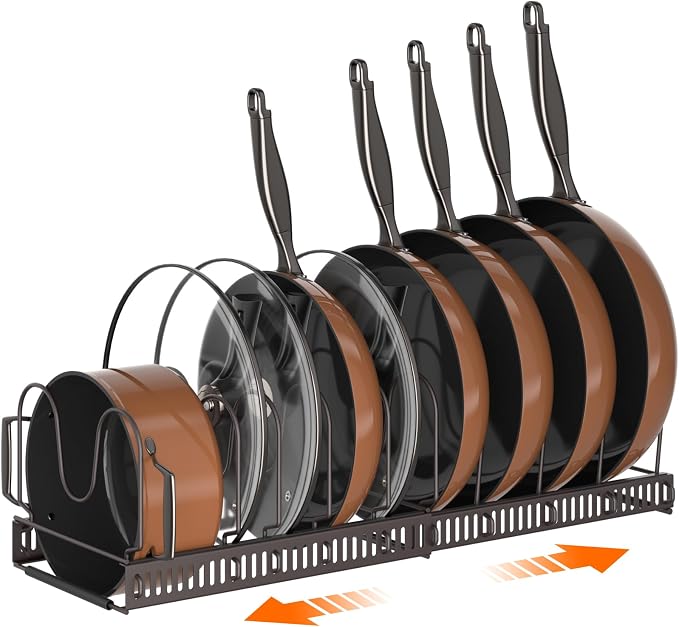 MUDEELA Expandable Pot Pan Lid Organizers inside Cabinet, 10 Divider-Bronze | Expandable 11.8–22.9", 10 Adjustable Divider, Tool-Free Assembly, Non-Slip, Scratch-Proof, For Pan Lid Cutting Board Bakeware