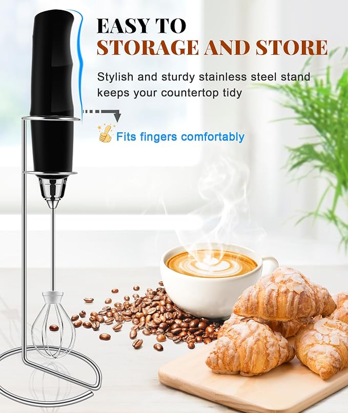 YUSWKO Handheld Milk Frother Wand for Coffee, Rechargeable Electric Whisk with 3 Heads 3 Speeds Drink Mixer Coffee Frother For Latte, Cappuccino, Hot Chocolate, Egg, Black with Holder