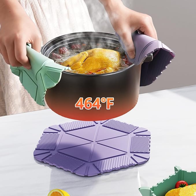 Magnetic Silicone Trivet Mat - Heat Resistant Hot Pad for Hot Dishes, Pots & Pans, Non-Slip Table & Countertop Protector (Purple, Hexagon)