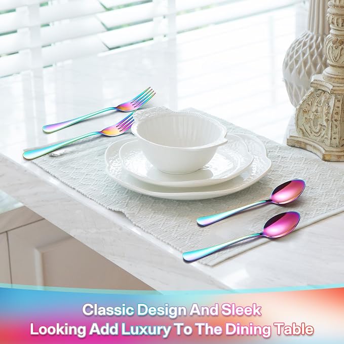 12 Pieces Spoons and Forks Set,Food Grade Stainless Steel Flatware Cutlery Set,6 Forks and 6 Spoons Silverware Set for Home,Kitchen,Restaurant-Mirror Polished & Dishwasher Safe(Rainbow)