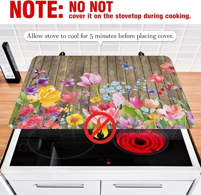 Spring Summer Glass Stove Top Covers for Electric Stove,Colorful Flower Watercolor Floral Farmhouse Heat Resistant Cooktop Protector Non-Slip Washable Dish Drying Mat Rug Pad for Kitchen Decor 28"x20"