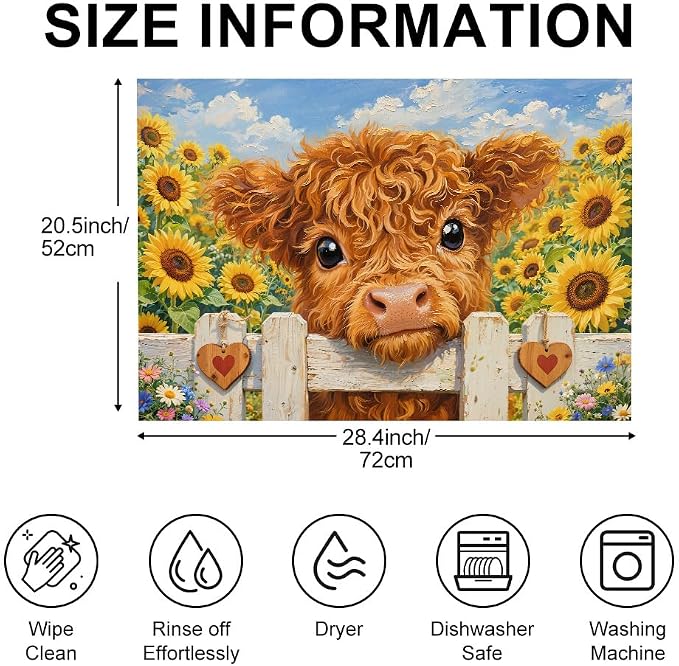 Highland Cow Stove Top Cover, Sunflower Farmhouse, 28x20 in | Baby highland cow over white fence in a sunflower field; non-slip mat; protects glass and electric cooktops; 28.4 x 20.5 in