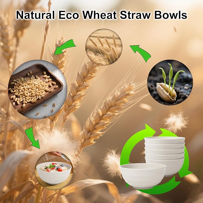 60oz Wheat Straw Bowls Set of 6 - Unbreakable large Serving Bowl for Kitchen, Plastic Bowls Microwave Safe Cereal and Salad Bowls, Lightweight Large Chip Bowls for Party,Dorm- White