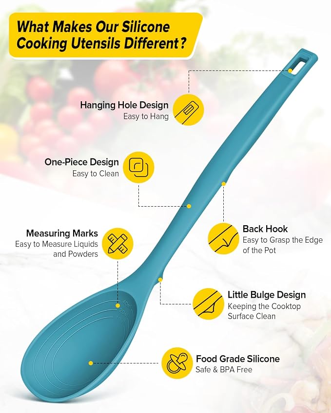 Pack of 2 Silicone Cooking Spoons, Non Stick Solid Kitchen Spoon with Measuring Marks & Back Hooks, Heat Resistant Silicone Slotted Spoon for Cooking, Mixing, Stirring,Serving (BLUE)