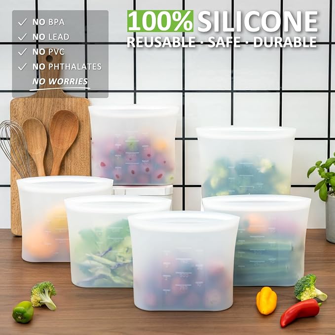 100% Silicone Reusable Storage Bag Quart Size, 9 Pack Stand-Up Wide-Mouth Zip-Lock Food Storage Bags, Easy-Fill Easy-Open Easy-Clean Space-Saving, Microwave & Dishwasher Safe, 34oz, Translucent