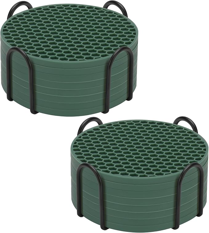 Silicone Coaster Set of 16 with Holder, Drinks Coasters, Beer & Coffee, Hot or Cold, Anti-Slip, Non-Stick, Anti-Overflow Tabletop Protection and Decor (Green, 16 Pcs)