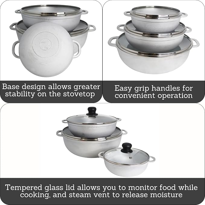 IMUSA 1.5, 3.5 & 7 Qt Cast Aluminum Caldero 3 Piece Set with Glass Lid