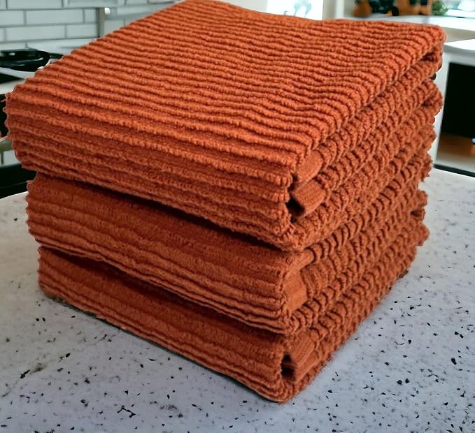 Cinnamon Maroon Rust Kitchen Dish Towels, Set of 3, 100% Cotton, 18" x 28" | Terry Loop Ribbed Textured, Soft & Absorbent Cleaning Cloth, Quick Dry, Multipurpose for Everyday Use