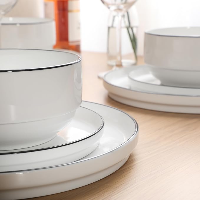 Gibson Home Rothernberg Plates and Bowls 18 Piece Porcelain White Dinnerware Set W/Black Rim | Stackable Dishes | Microwave & Dishwasher Safe