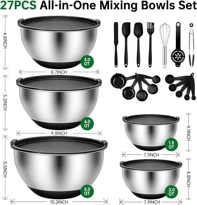 Deedro Mixing Bowls with Airtight Lids, 22Pcs Stainless Steel Mixing Bowls Set, Nesting Bowls with Non-Slip Silicone Base, thicker Metal Bowls for Baking & Prepping, 1.5/2/3/4/5 QT, Black