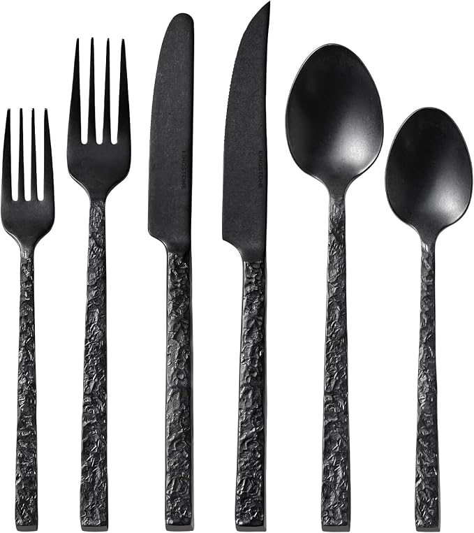 36 Pcs Black Hammered Silverware Set with Steak Knives for 6, 18/10 Stainless Steel Heavy Duty Flatware Set, Tableware Cutlery Utensil Sets for Home Restaurant Dishwasher Safe