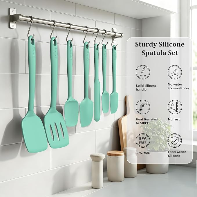 Coukre Silicone Spatula Set of 7, BPA Free Food Grade Silicone Cooking Utensils, Heat Resistant Kitchen Tools for Nonstick Cookware, Dishwasher Safe Spatulas for Cooking and Baking（7,PureAquaGreen）