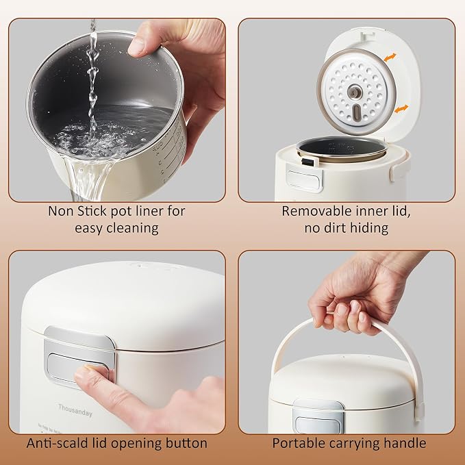 Small Rice Cooker 2 Cups Uncooked, Compact Mini Rice Cooker | for Dorm Travel Office 1-2 Person, 12 Hours Timer Delay & Keep Warm, Beige