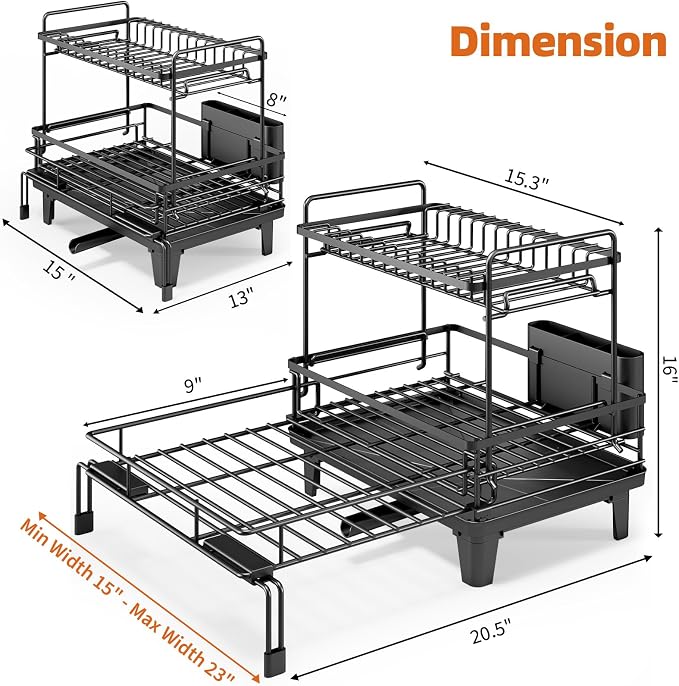 Urackify Expandable Sink Dish Drying Rack for Kitchen Counter, 2-Tier Black | Large Dish Racks, Sink Dish Drainer, Rustproof Dish Strainer with Utensil Holder, 12.3"-20.5" L x 15"W