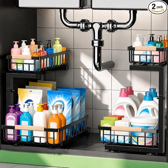 Under Sink Organizer 2 Pack, Double Slide Out Metal Shelf, Black | Pull Out Kitchen Storage Cabinet Organizer, 2-Tier Under Sink Storage Rack for Bathroom Laundry Kitchen Storage with Drawer